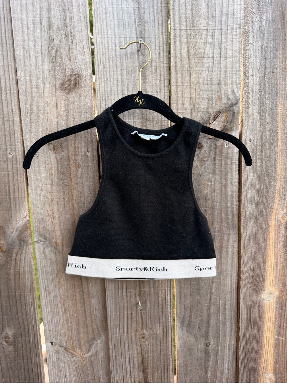 Sporty & Rich Black Crop Tank with White Branded Band